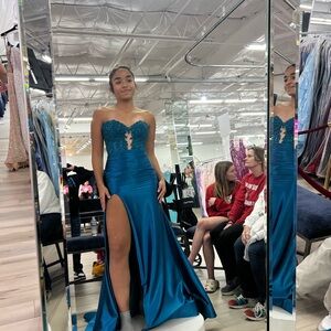 Sherry Hill Elegant Teal Strapless Gown with Slit